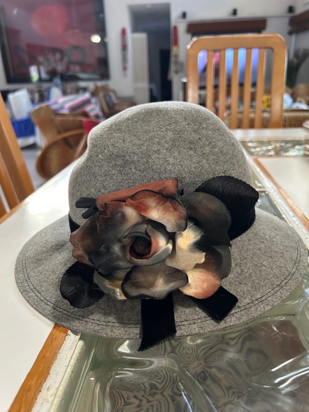 betmar Gray Felt Cloche Hat with Multitone Floral Accent
